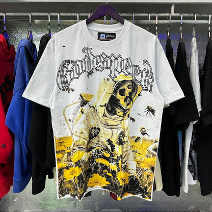 Godspeed T-shirts Skull Bee Sunflower Print Cotton Short Sleeve Men and Women