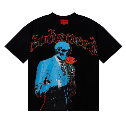 Godspeed T-shirts Skull Gentleman Rose Print Cotton Casual Short Sleeve Men and Women