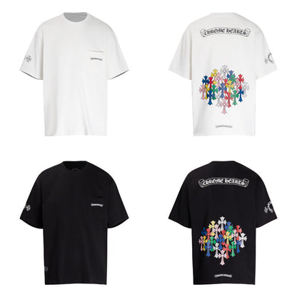 Chrome Heart T Shirts Colorful Cross Flower Arm Short Sleeve