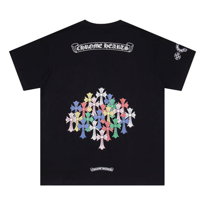 Chrome Heart T Shirts Colorful Cross Flower Arm Short Sleeve