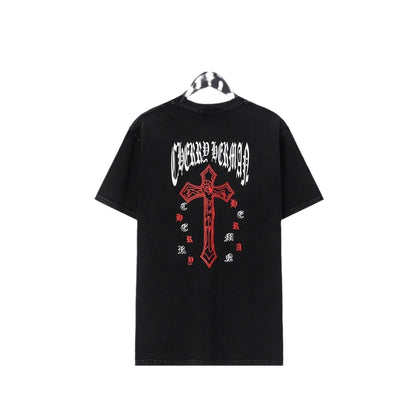 Chrome Heart T Shirts Cross Sanskrit Printed Crew Neck Washed Short Sleeve Fashion T-Shirt